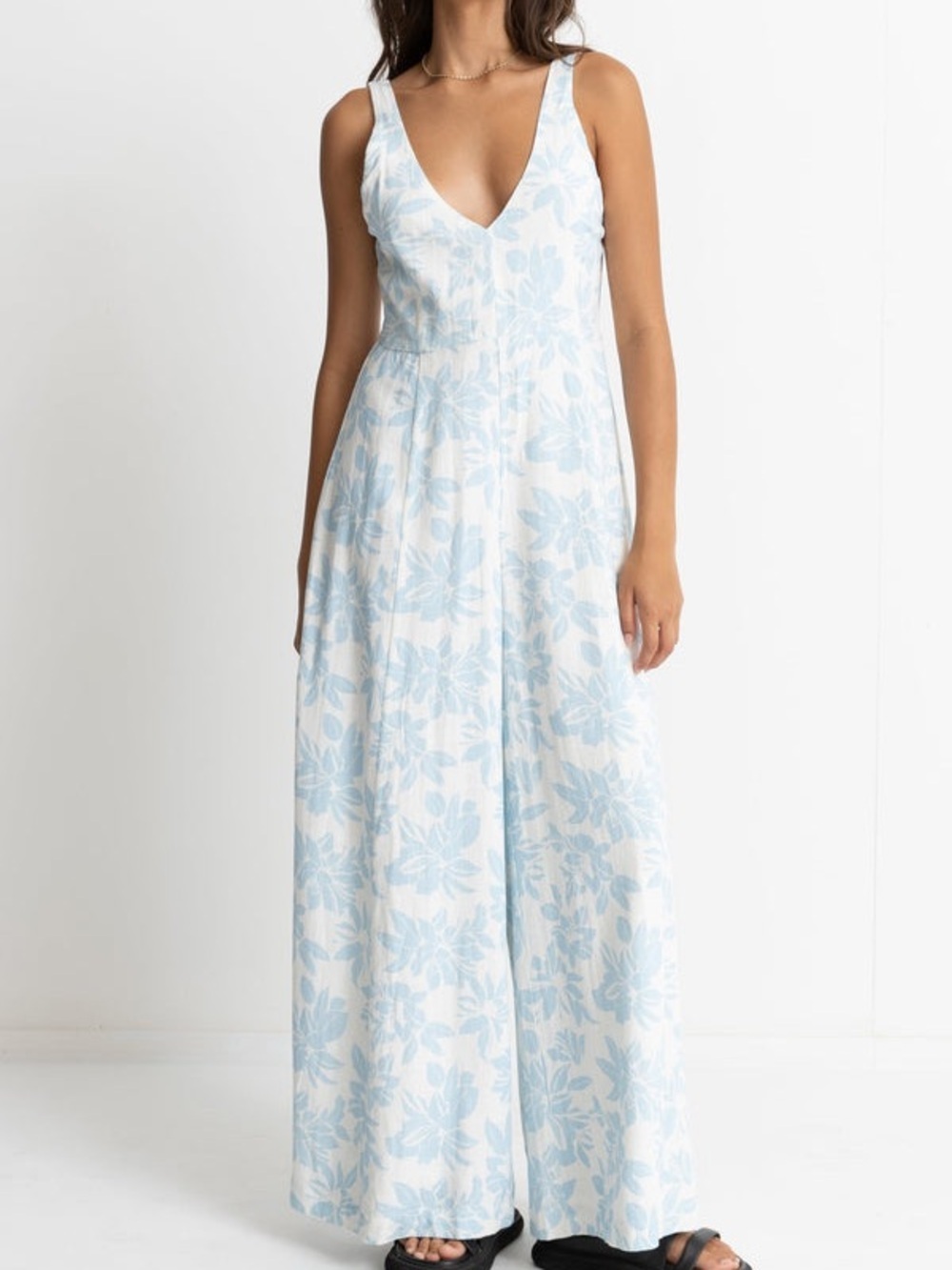 Rhythm Grace Floral Wide Leg Linen-Blend Jumpsuit Small Coastal Resort EUC